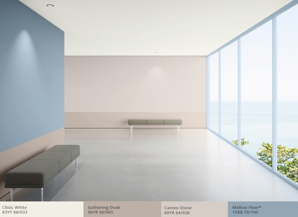 Healthcare waiting area with blue and brown walls and floor-to-ceiling window