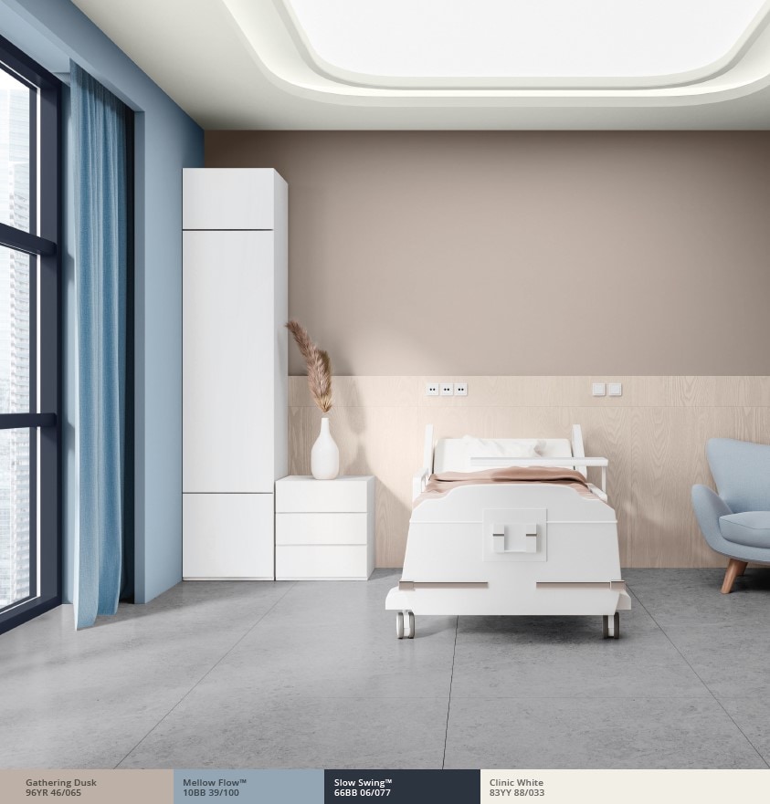 Hospital ward with deep blue entrance and brown split wall