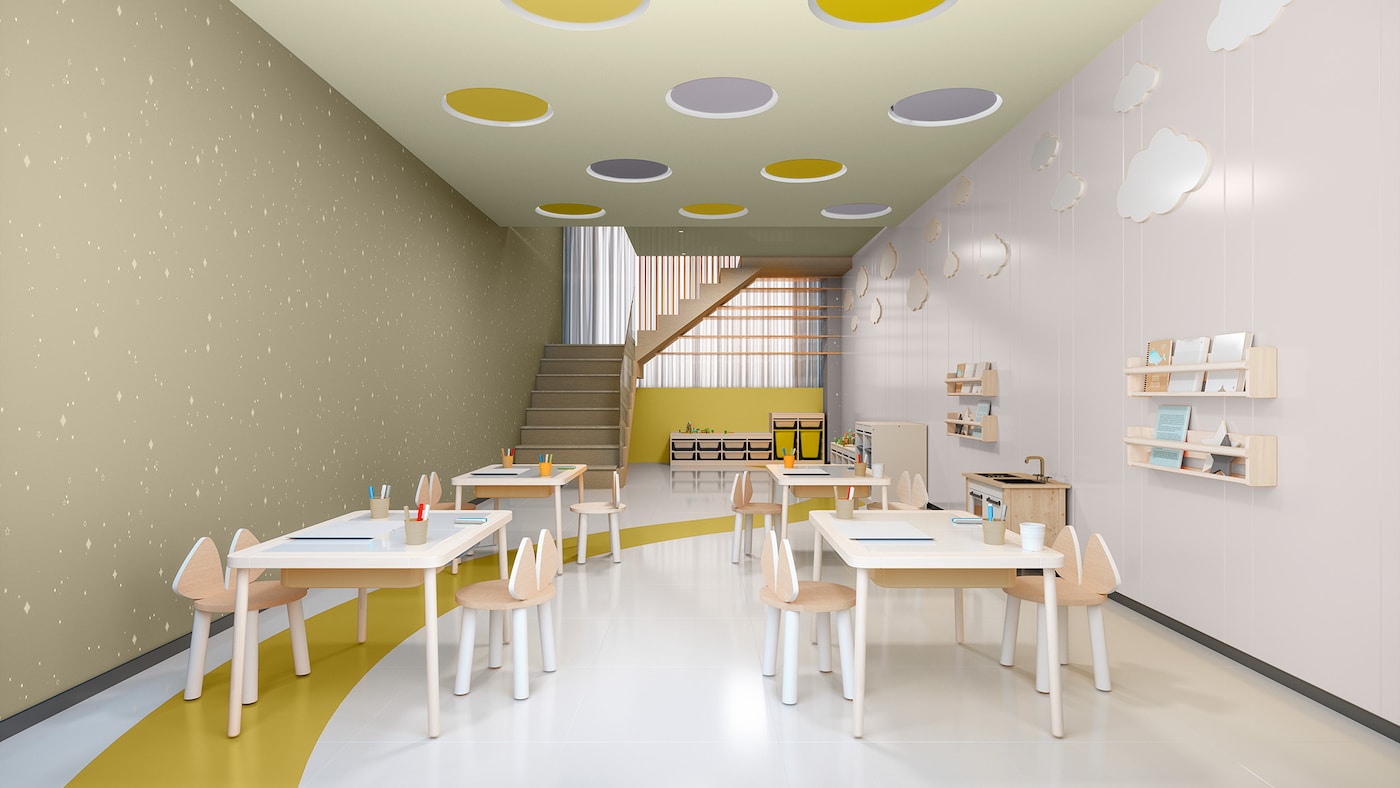 En børnehave malet med en blanding af bløde pasteller og varm okker