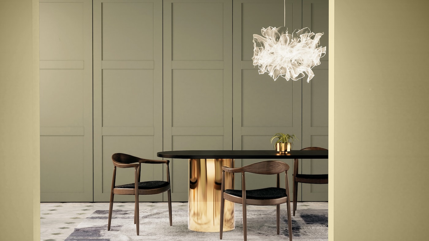 Panelvæggene i et kontormødelokale er malet med en blød grøn og Wild Wonder.