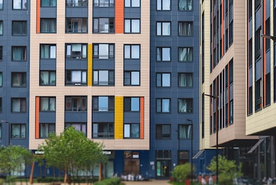 The outside of a modern office painted with sections of bold colours