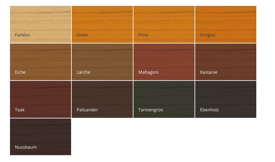 Farbpalette der Holzschutzlasur BPR