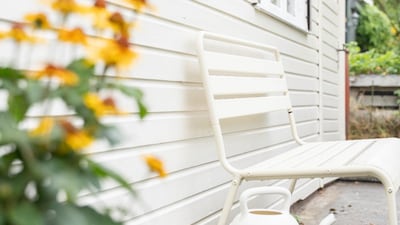 Mit Conslan Kieselweiß gestrichenes Gartenhaus aus Holz mit Sitzbank im Garten im Vordergrund eine blühende Pflanze