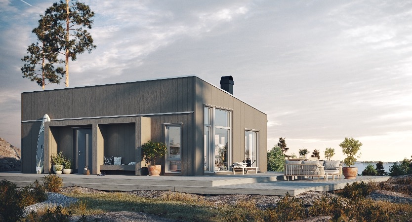 In dunklem Grau gestrichene Holzfassade